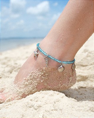 Tornozeleira de Iemanjá Azul Claro com Acabamento Prateado