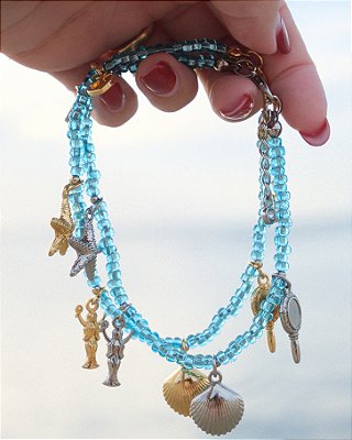 Tornozeleira de Iemanjá Azul Claro com Acabamento Dourado ou Prateado