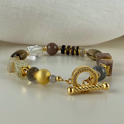 Pulseira labradorita, pedra do Sol, turmalina, murano e cristais austríacos.