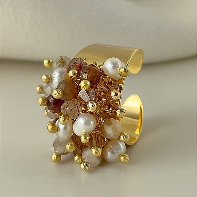 Anel “Dourados de Amarna” ( quartzo rutilo, safira amarela e pérolas )