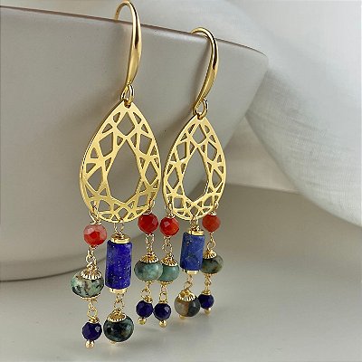 Brincos “Tríade de Tebas” ( lápis lazuli, turquesa e cornalina )