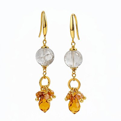 Brincos “Âmbar de Tebas” ( quartzo rutilo e cristal austríaco )