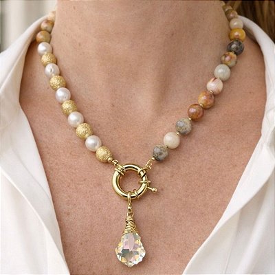 Colar “ Tramonto Di Atrani” ( Ágata , pérolas e cristal )