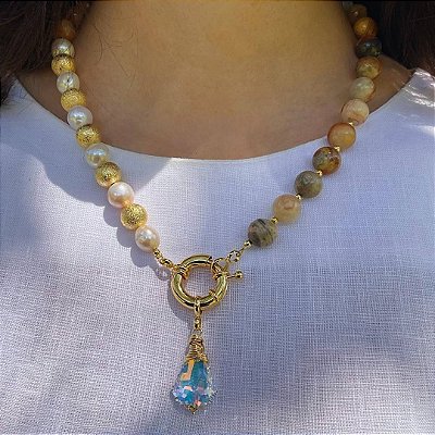 Colar “ Tramonto Di Atrani” ( Ágata , pérolas e cristal )