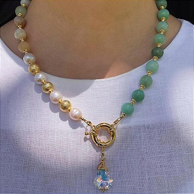 Colar “ Verde di Anacapri “ ( amazonita, pérolas e cristal )