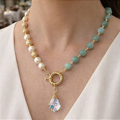 Colar “ Verde di Anacapri “ ( amazonita, pérolas e cristal )