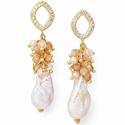 Brincos “ Via Lysis “ ( pedra da lua, quartzo rutilo e pérolas barrocas )