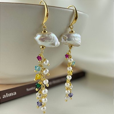 Brincos Cascata di Ravello ( pérolas barrocas e cristais austríacos )