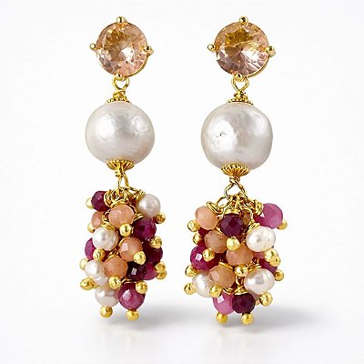 Brincos Rosabella ( rubelita, pedra da lua e pérolas )