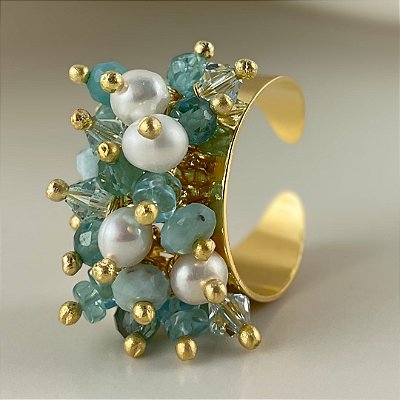 Anel Schiuma di Mare ( apatita, larimar e pérolas )