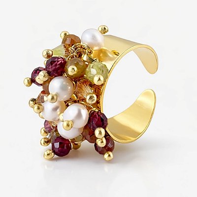 Anel Tramonto Di Fuoco ( safira amarela, granada e pérolas )