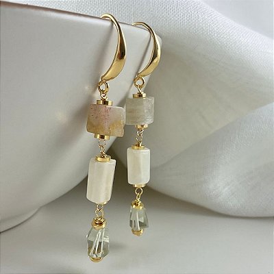 Brincos Punta d’Aurora ( pedra do Sol, da lua e prasiolita )