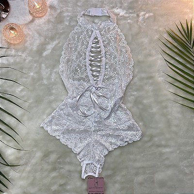 Body em Renda com Decote Trançado em Cetim