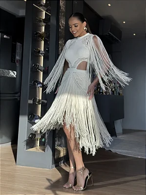 Vestido Franja Ombro Tricot Fio Rayon