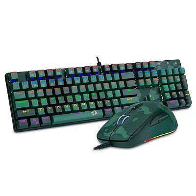 Kit Gamer Redragon Mouse E Teclado Mecânico RGB Hunter Verde Escuro Camuflado Switch Azul - S108