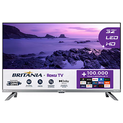Smart TV Britânia 32” LED HD Dolby Audio Wi-Fi HDMI/USB Roku TV Borda Infinita - BTV32G7PR2CSGBL