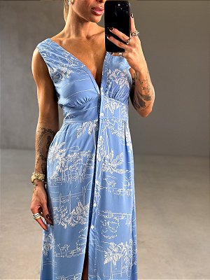 VESTIDO GLÓRIA MIDI AZUL CELESTE ESTAMPADO