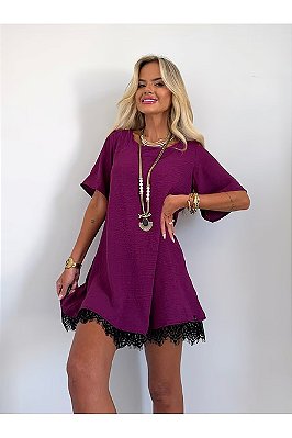 Vestido Curto Manga Curta com Renda