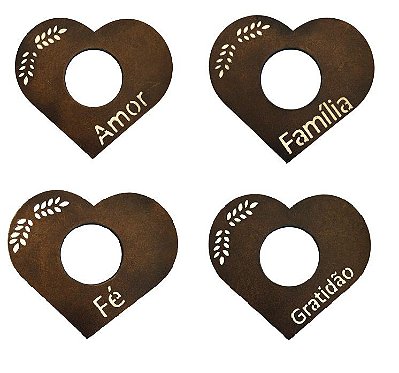 Kit com 4 Porta Guardanapo de Coração - Amor Família Fé e Gratidão