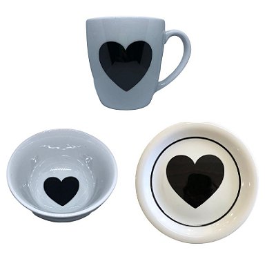 Kit Café da Manhã Prato Bowl e Caneca em Porcelana Coração
