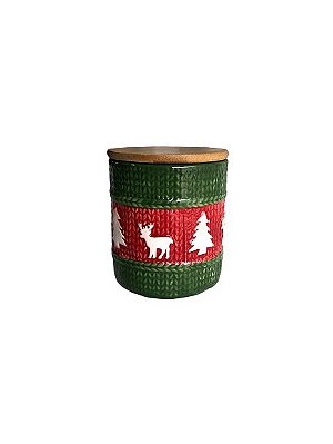 Pote de Porcelana com Tampa em Bambu Verde e Vermelho Natal - 12cm