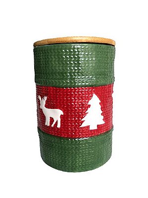Pote de Porcelana com Tampa em Bambu Verde e Vermelho Natal - 19 cm
