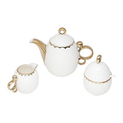 Conjunto para Chá 3 Peças Bule Leiteira e Açucareiro Porcelana Egg Branco e Dourado