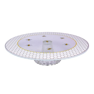 Prato para Bolo Boleira em Vidro com Estampa de Abelha