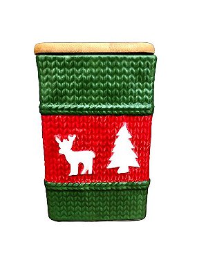 Pote de Porcelana com Tampa em Bambu Quadrado Verde e Vermelho Natal - 16cm