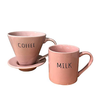 Kit de Xícara e Coador de Café em Porcelana Rosa