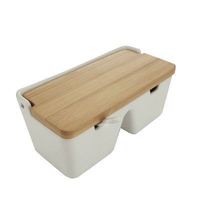 Saleiro de Cerâmica Branco com Tampa em Bambu com Colher Duplo
