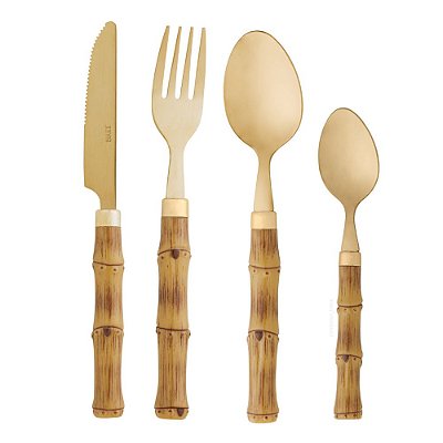 Kit de Talheres Aço Inox Cabo Bambu Dourado - 4 Peças