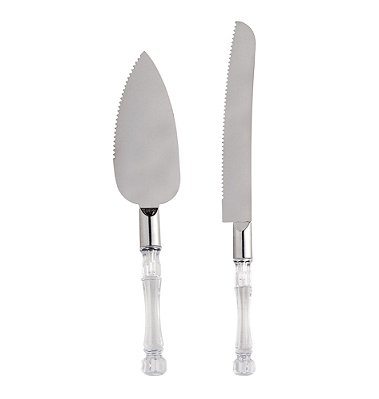 Jogo de Espátula e Faca para Bolo de Aço Inox com Cabo de Plástico Cristal Transparente