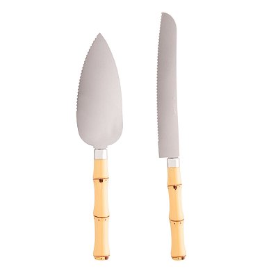 Jogo de Espátula e Faca para Bolo de Aço Inox com Cabo de Plástico Bambu Natural