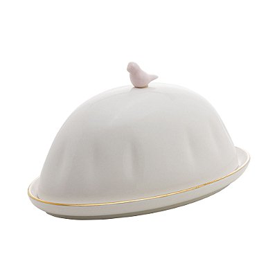 Manteigueira com Tampa de Porcelana Birds Pássaro Rosa 16x10x9cm
