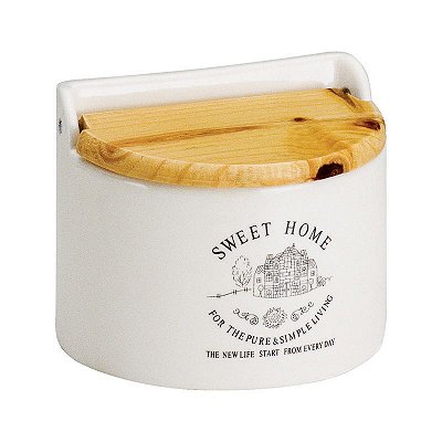 Saleiro de Cerâmica Branco com Tampa em Bambu Sweet home 620ml