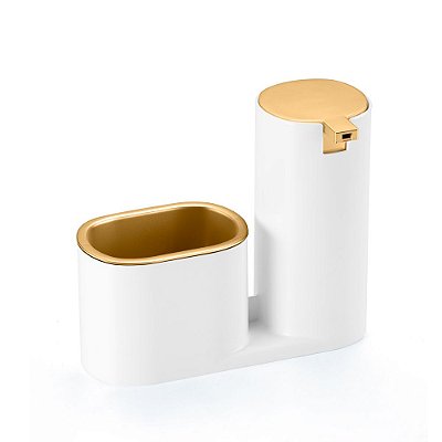 Dispenser Porta Detergente e Esponja Linha Conceito - Branco com Dourado Fosco