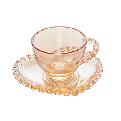 Xícara de Café Com Pires de Coração de Cristal Bolinha de Coração Âmbar Metalizado 80ml - Lyor