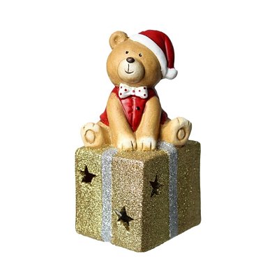 Caixa de Presente com Urso Natalino Glitter Dourado Iluminado com Led