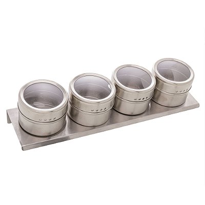 Jogo 4 Porta Temperos Aço Inox Com Tampa E Suporte Imantado