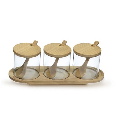 Conjunto 3 Potes De Vidro Com Tampa Colher E Suporte De Bambu
