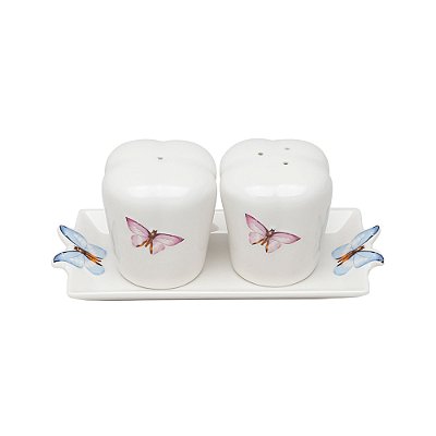 Conjunto de Saleiro e Pimenteiro Com Bandeja em Porcelana Borboletas 3 Peças