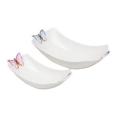 Conjunto De 2 Travessas Em Porcelana Borboletas 18x8cm e 24x11cm