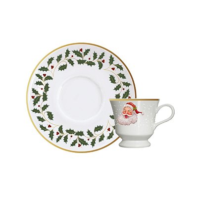 Xícara de Chá com Pires em Porcelana Papai Noel Azevinho 150ml