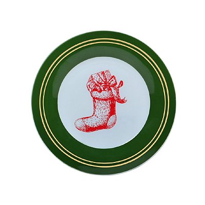 Prato de Sobremesa em Vidro Bota de Natal Verde com Filete Dourado 20cm