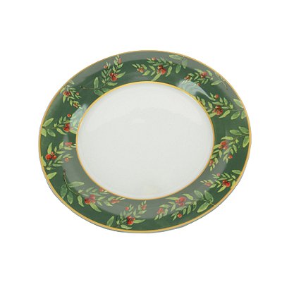 Prato Raso de Vidro Azevinho de Natal Verde com Filete Dourado 27cm