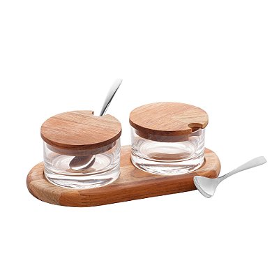 Conjunto 2 Porta Geleia Com Tábua E Colher Madeira Teca