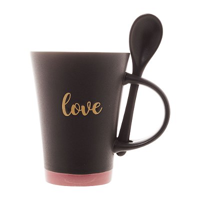 Caneca com Colher em Cerâmica Preta Matte 310ml - Love Rosa