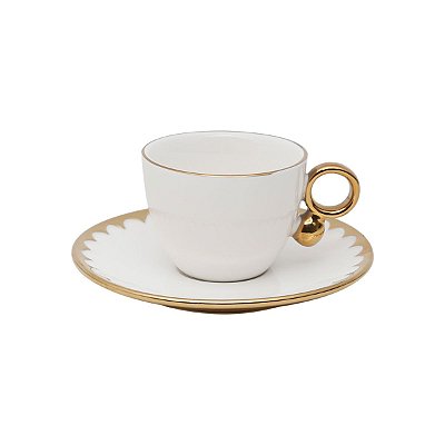 Xícara de Café com Pires em Porcelana Egg Borda Dourada 90ml