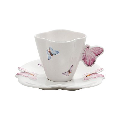 Xícara de Café com Pires de Porcelana Borboletas Rosa 100ml